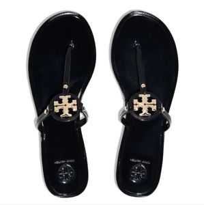 Tory Burch Mini Miller jelly sandals black thong between toe gold logo